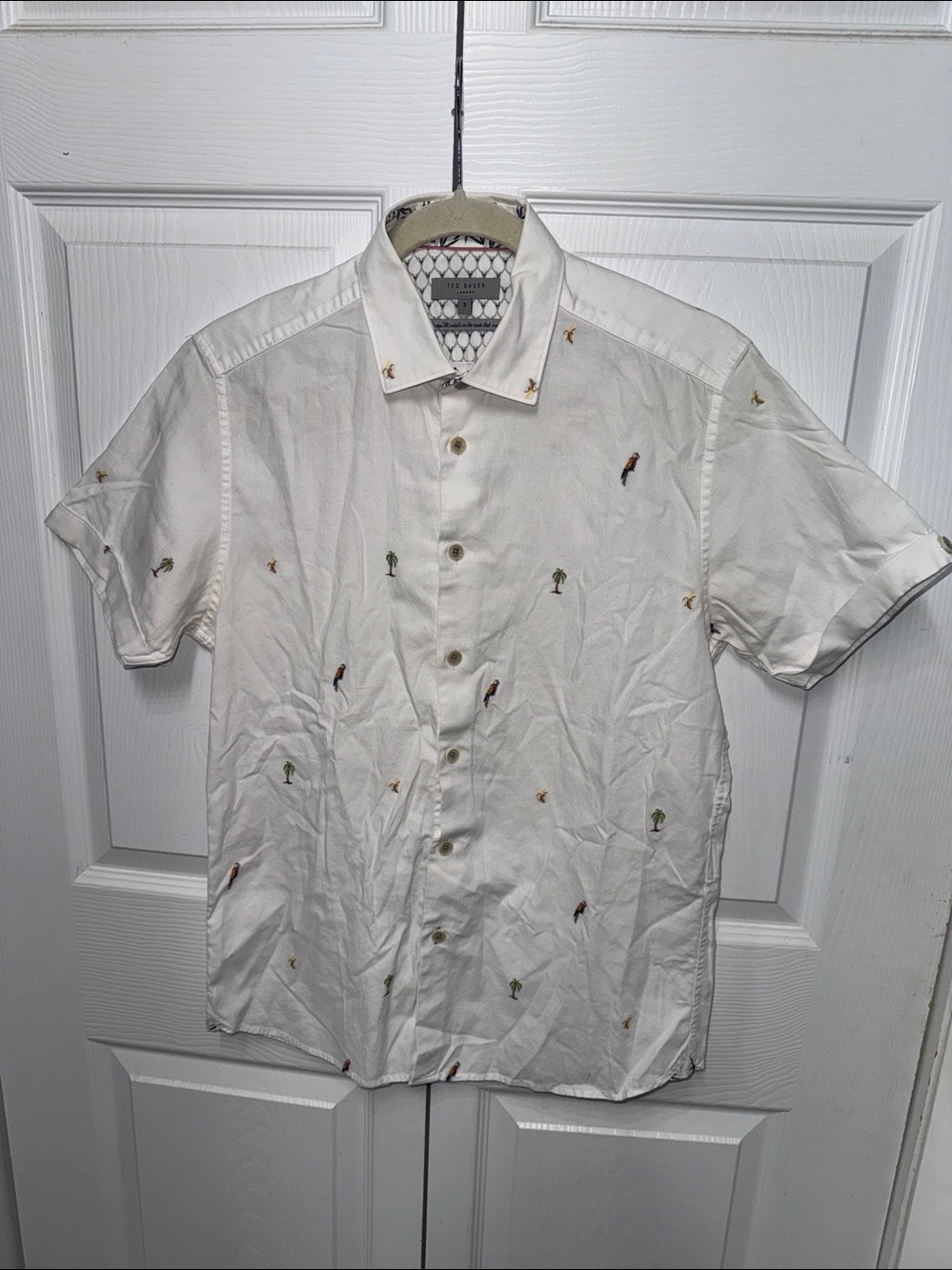 Ted Baker palmtree & Parrot Fil Coupe Button Up Shirt Size 3